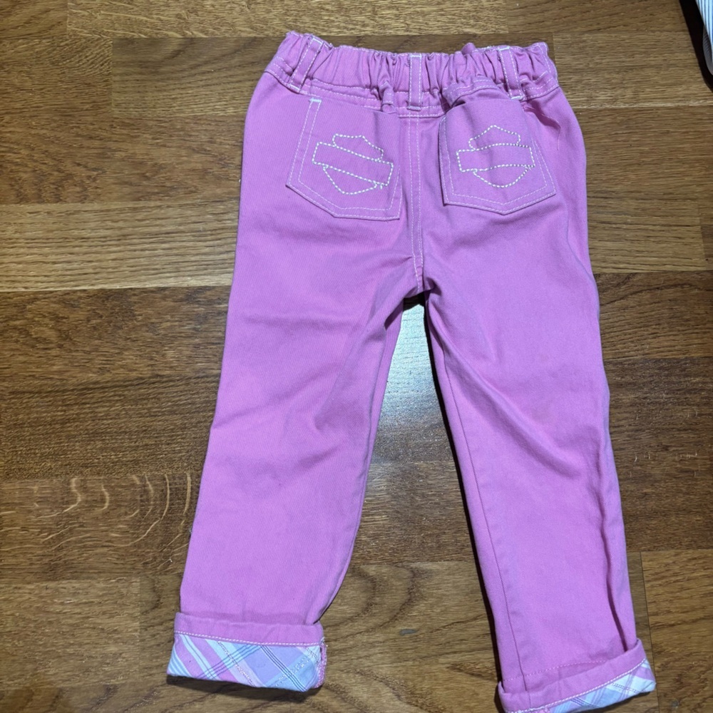 Size 24 months, pink Harley Davidson, jeans, plaid cuff, pearl button EUC - Picture 5 of 6
